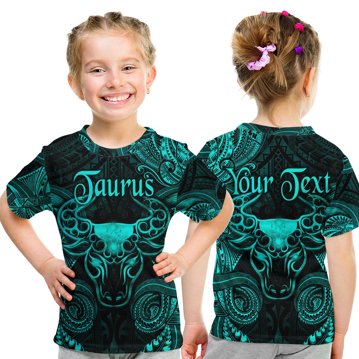 (Custom Personalised) Taurus Zodiac Polynesian T Shirt Kid Unique Style - Turquoise LT8 Youth XL Size14 - Polynesian Pride