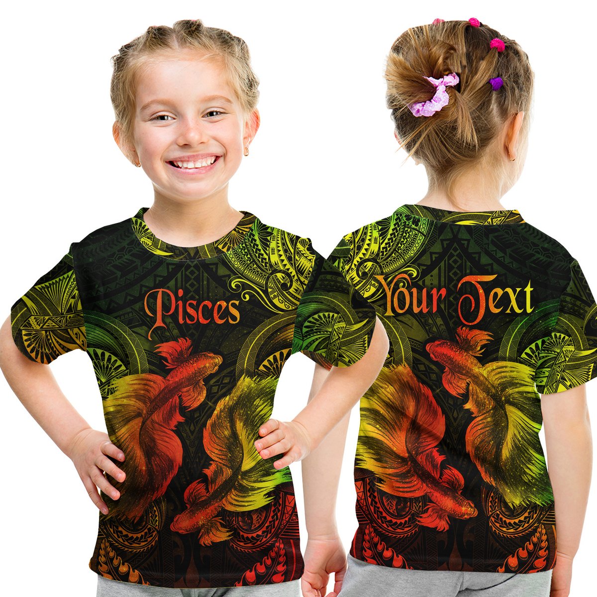 (Custom Personalised) Pisces Zodiac Polynesian T Shirt Kid Unique Style - Reggae LT8 Youth XL Size14 - Polynesian Pride