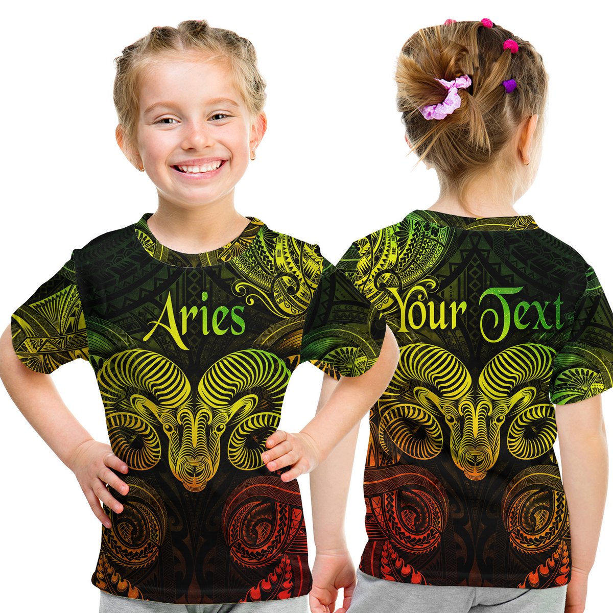 (Custom Personalised) Aries Zodiac Polynesian T Shirt Kid Unique Style - Reggae LT8 Youth XL Size14 - Polynesian Pride