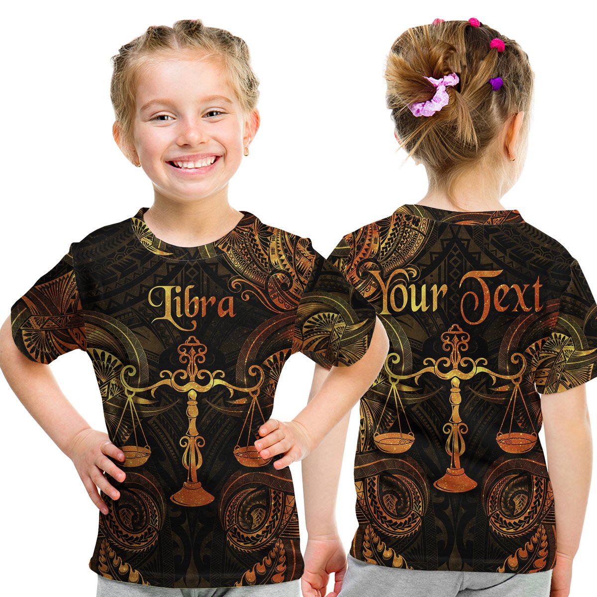 (Custom Personalised) Libra Zodiac Polynesian T Shirt Kid Unique Style - Gold LT8 Youth XL Size14 - Polynesian Pride