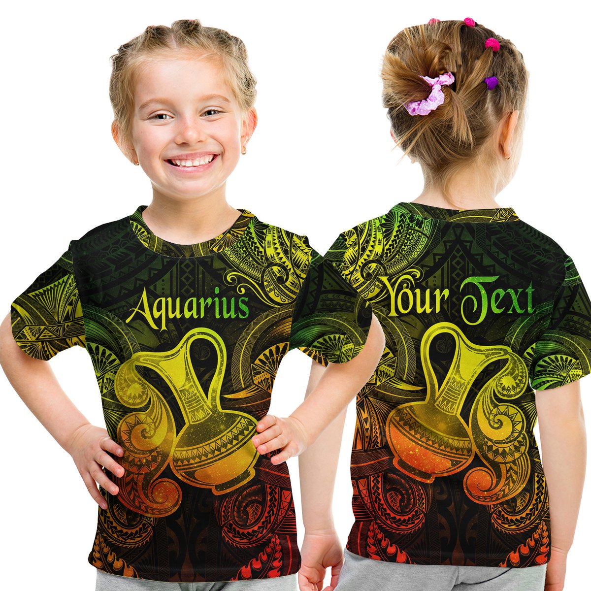 (Custom Personalised) Aquarius Zodiac Polynesian T Shirt Kid Unique Style - Reggae LT8 Youth XL Size14 - Polynesian Pride