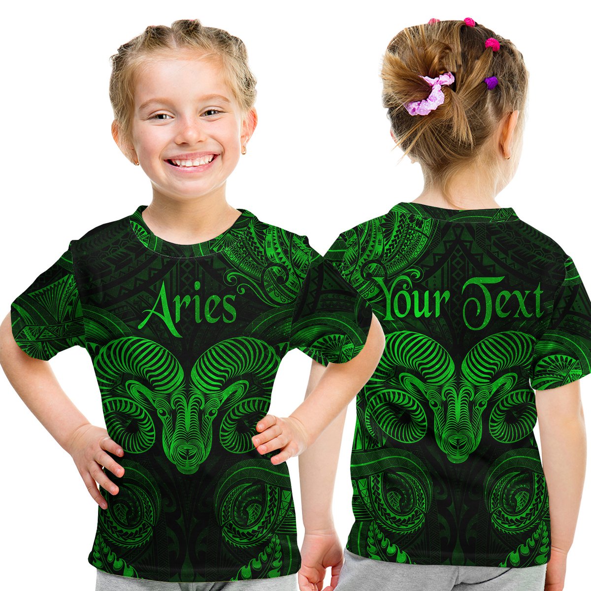 (Custom Personalised) Aries Zodiac Polynesian T Shirt Kid Unique Style - Green LT8 Youth XL Size14 - Polynesian Pride