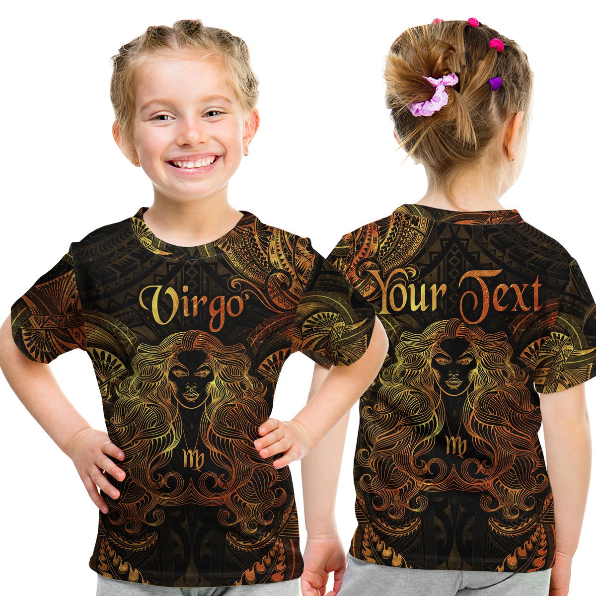 (Custom Personalised) Virgo Zodiac Polynesian T Shirt Kid Unique Style - Gold LT8 Youth XL Size14 - Polynesian Pride
