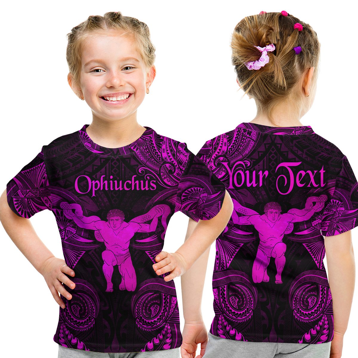 (Custom Personalised) Ophiuchus Zodiac Polynesian T Shirt Kid Unique Style - Pink LT8 Youth XL Size14 - Polynesian Pride
