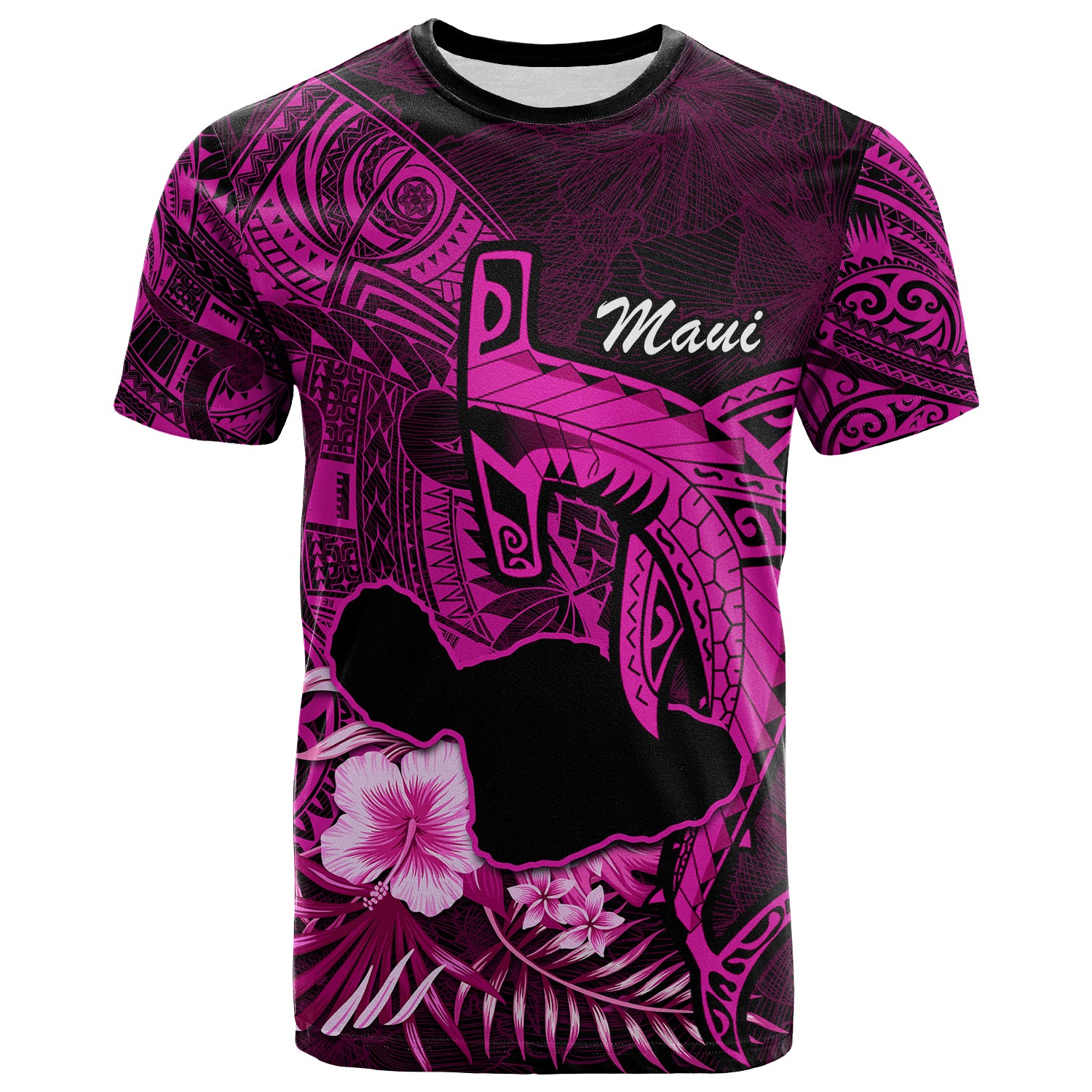 Hawaii Islands Polo Shirt Maui Map Hawaiian Shark With Tropical Flowers LT14 Pink - Polynesian Pride