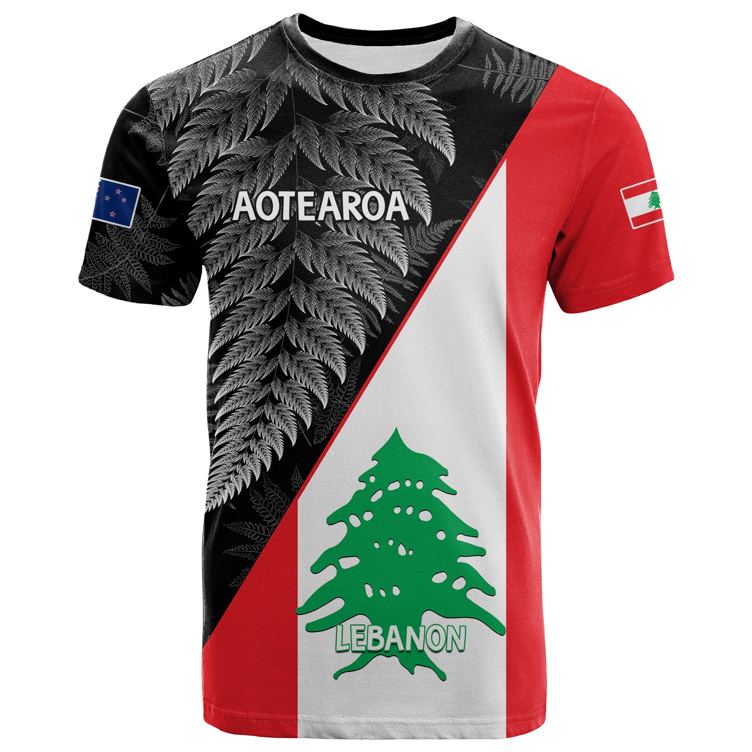 New Zealand And Lebanon T Shirt 2023 Aotearoa Fern With Lebanese Cedar LT14 Black - Polynesian Pride