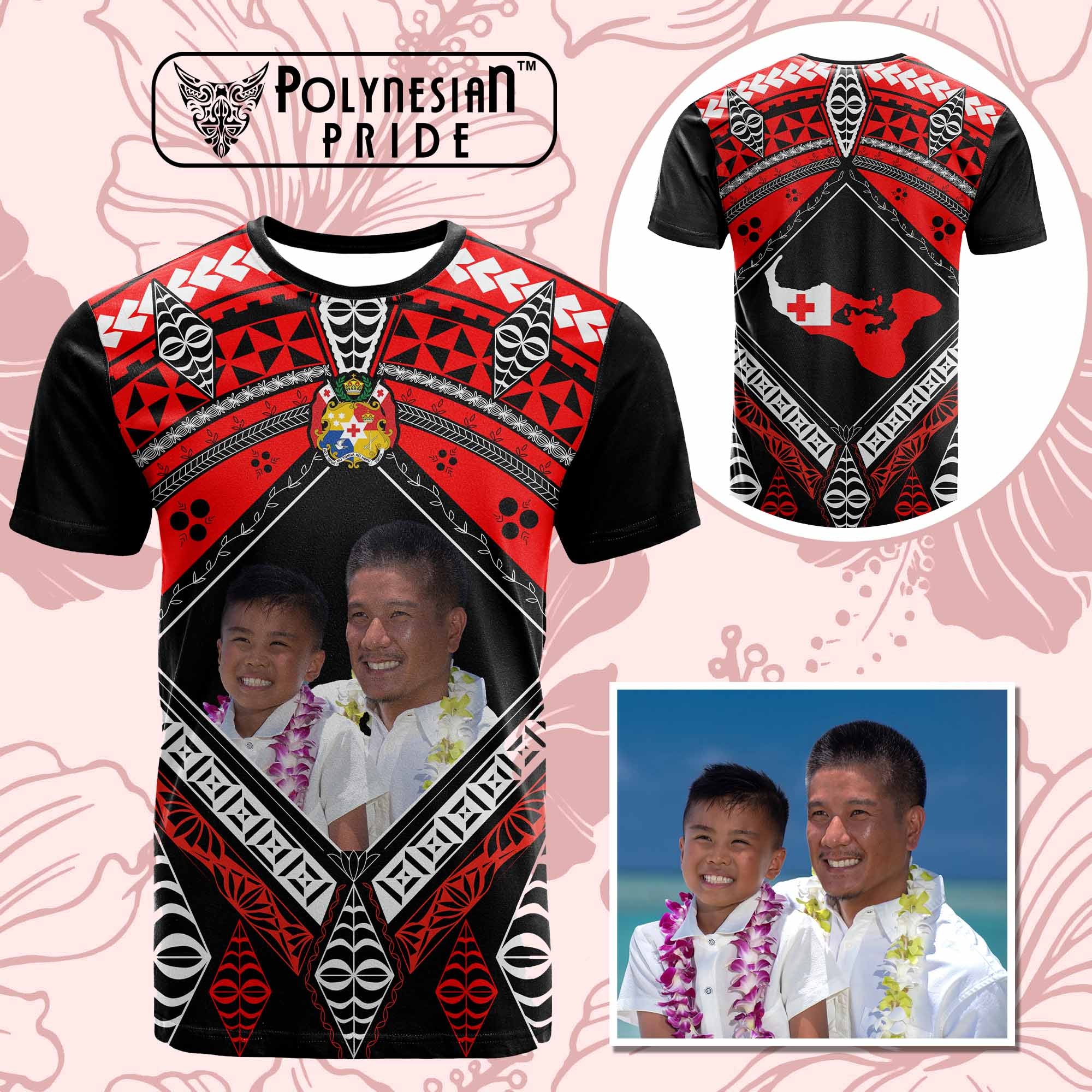 Custom Photo Tonga T Shirt Polynesian Pattern Mixed Ngatu Kupesi CTM09 - Polynesian Pride