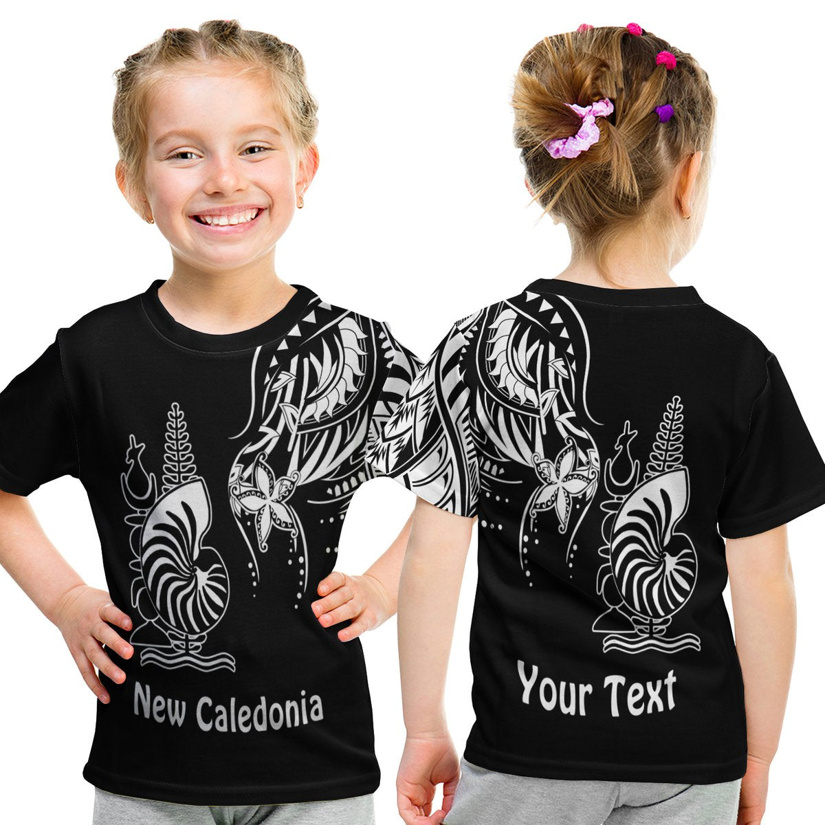 (Custom Personalised) New Caledonia T Shirt Kid Emblem Nautilus Shell Version Black LT13 Youth XL Size14 - Polynesian Pride