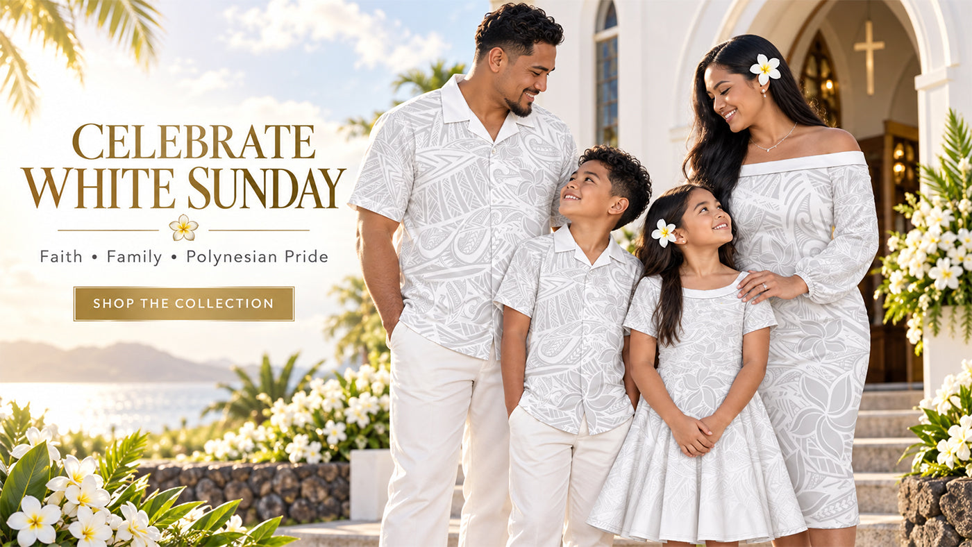 A family of four wearing matching white patterned Polynesian-inspired clothing stands outside a church entrance with tropical flowers and ocean scenery in the background. Text on the left reads 'CELEBRATE WHITE SUNDAY' with 'Faith • Family • Polynesian Pride' and a 'SHOP THE COLLECTION' button.