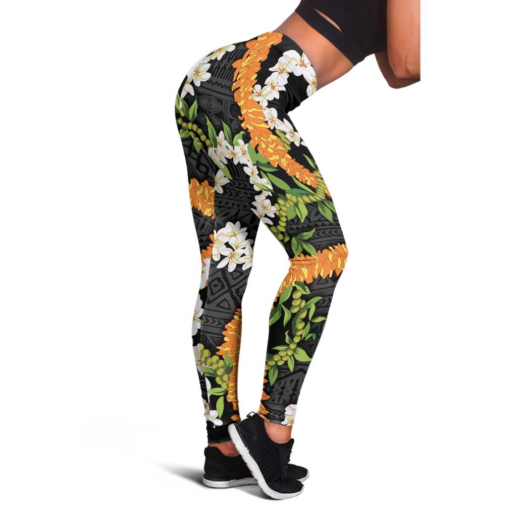 Aloha Festive Hawaii Leggings Mokihana - Maile and Ilima on Black LT7 - Polynesian Pride