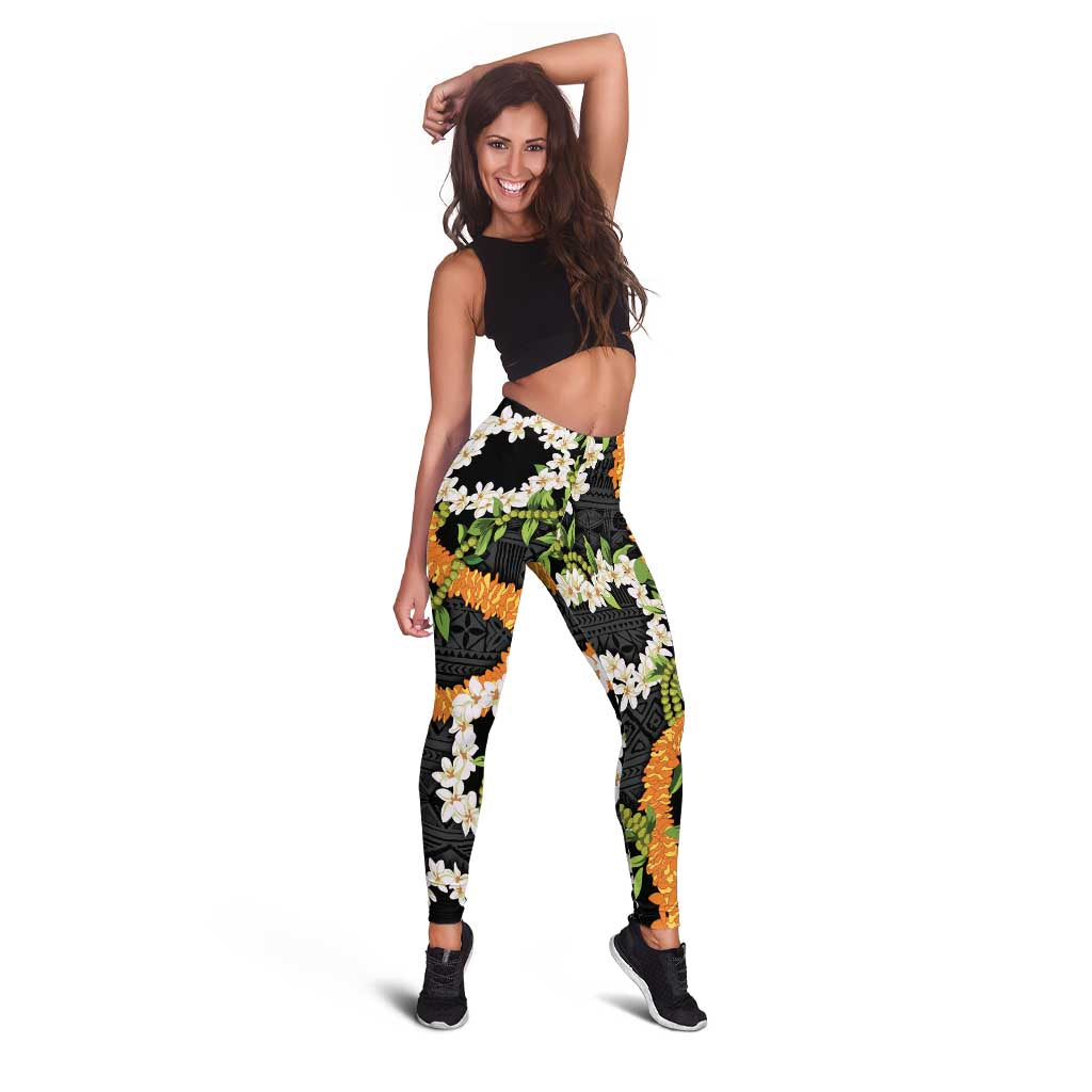 Aloha Festive Hawaii Leggings Mokihana - Maile and Ilima on Black LT7 - Polynesian Pride
