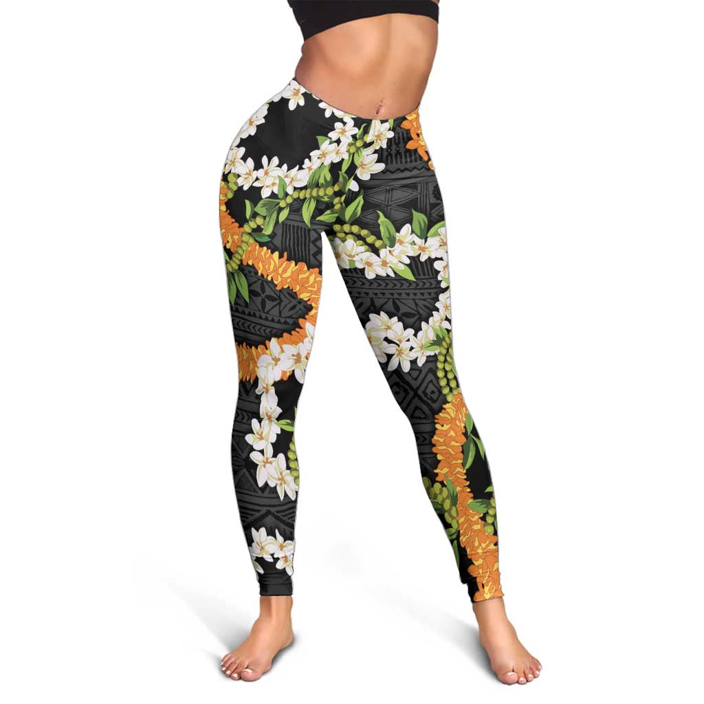 Aloha Festive Hawaii Leggings Mokihana - Maile and Ilima on Black LT7 - Polynesian Pride