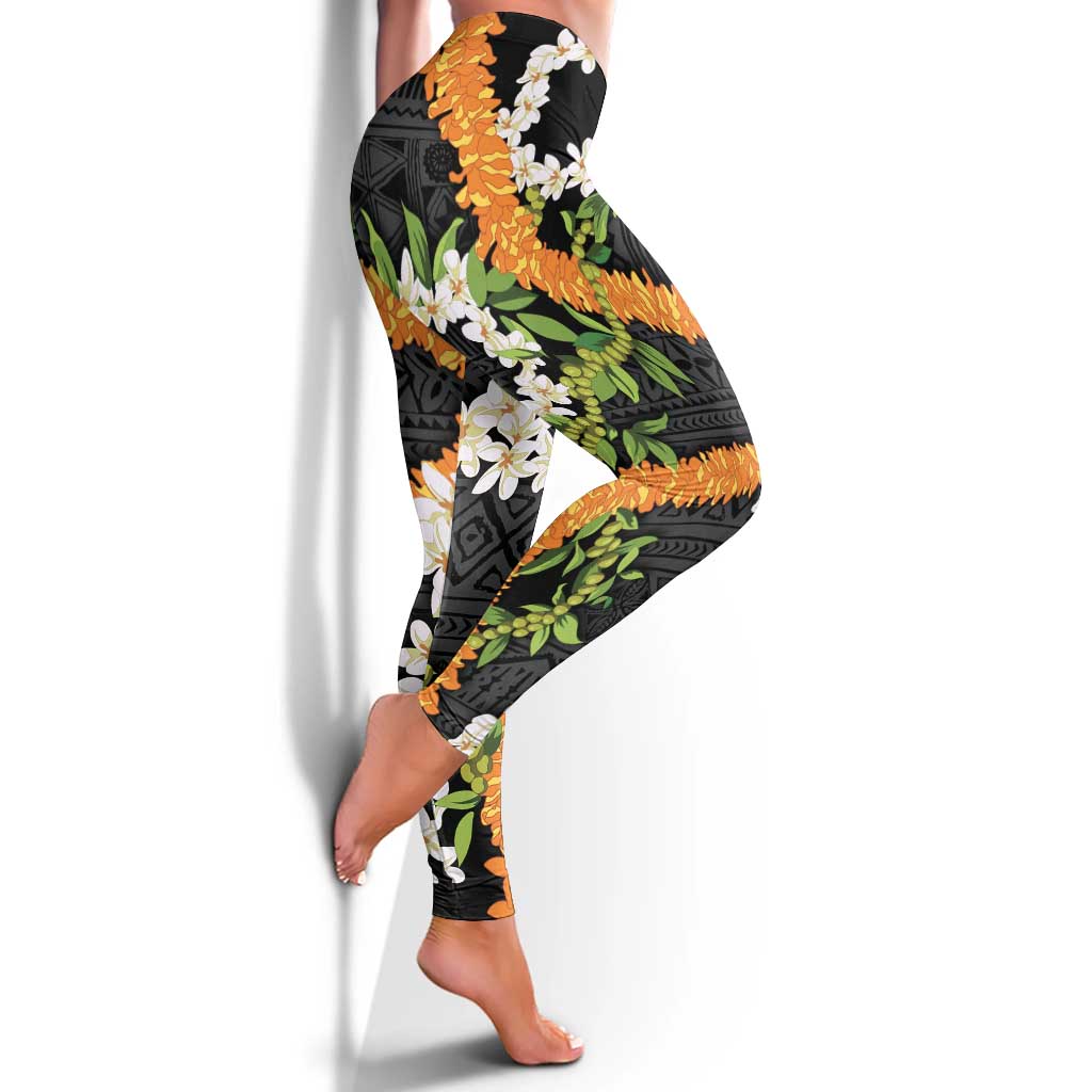 Aloha Festive Hawaii Leggings Mokihana - Maile and Ilima on Black LT7 - Polynesian Pride