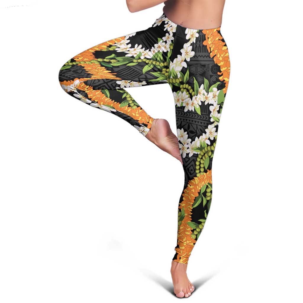 Aloha Festive Hawaii Leggings Mokihana - Maile and Ilima on Black LT7 - Polynesian Pride