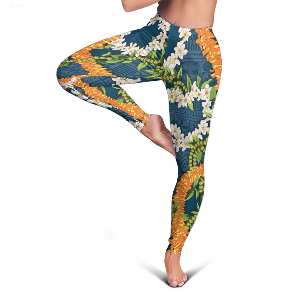 Aloha Festive Hawaii Leggings Mokihana - Maile and Ilima on Navy Blue - Polynesian Pride