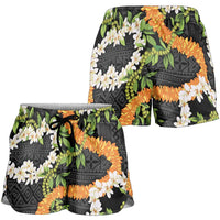 Aloha Festive Hawaii Shorts for Women Mokihana - Maile and Ilima on Black - Polynesian Pride