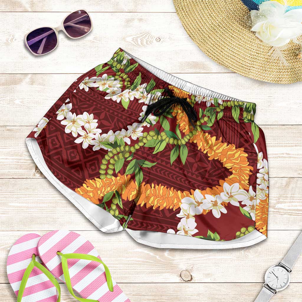 Aloha Festive Hawaii Shorts for Women Mokihana - Maile and Ilima on Crimson - Polynesian Pride