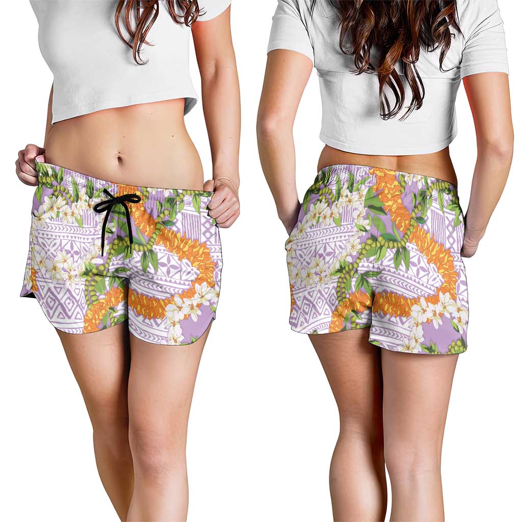 Aloha Festive Hawaii Shorts for Women Mokihana - Maile and Ilima on Lilac - Polynesian Pride