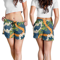 Aloha Festive Hawaii Shorts for Women Mokihana - Maile and Ilima on Navy Blue - Polynesian Pride