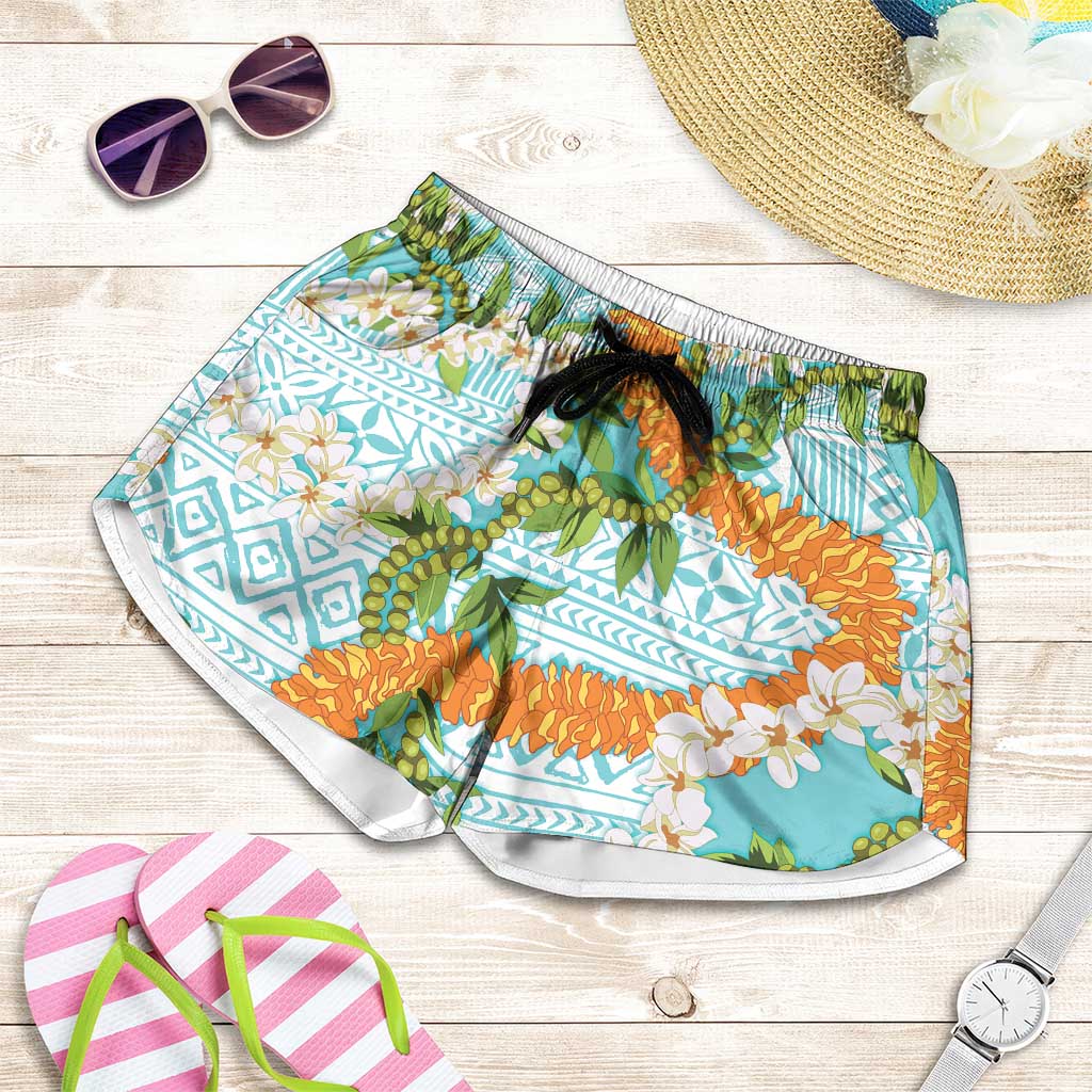 Aloha Festive Hawaii Shorts for Women Mokihana - Maile and Ilima on Turquoise - Polynesian Pride