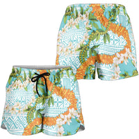 Aloha Festive Hawaii Shorts for Women Mokihana - Maile and Ilima on Turquoise - Polynesian Pride