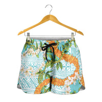 Aloha Festive Hawaii Shorts for Women Mokihana - Maile and Ilima on Turquoise - Polynesian Pride