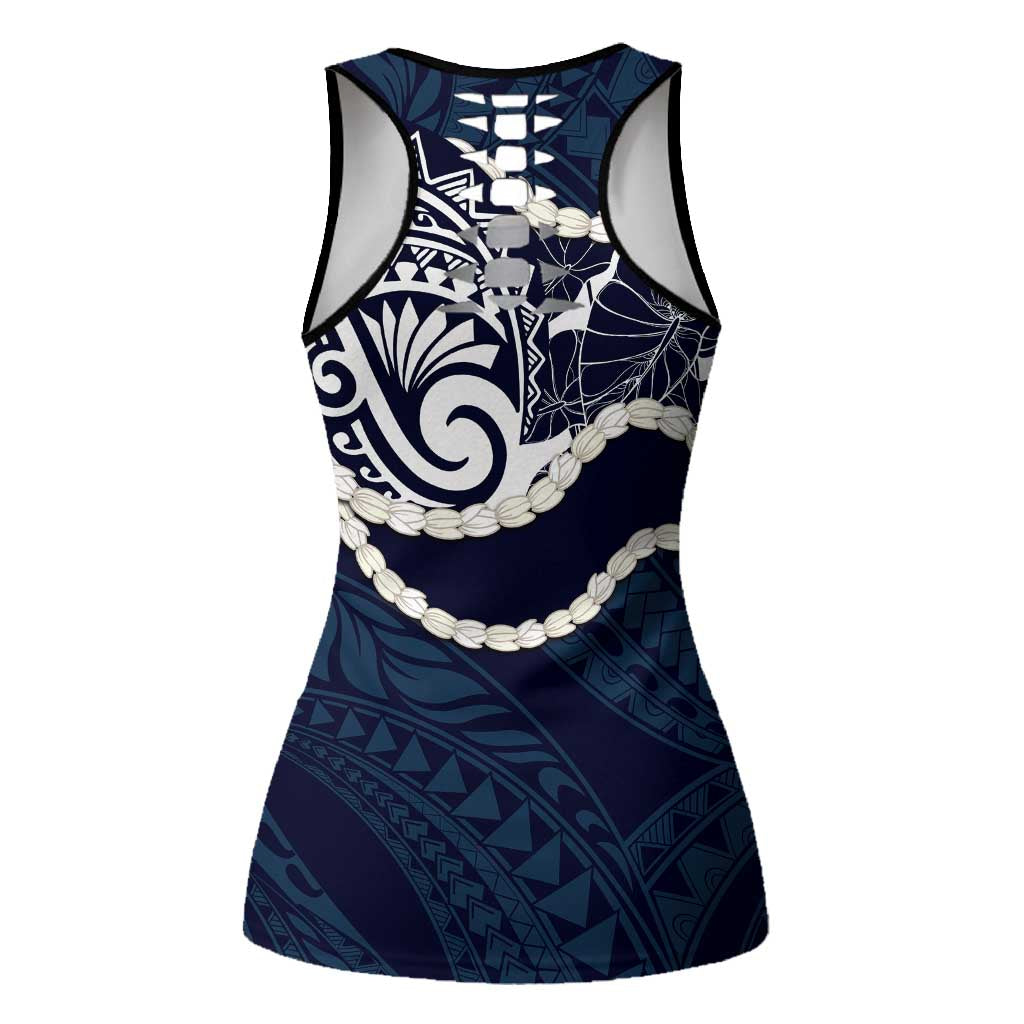 Aloha Hawaii Kalo Pikake Lei Hollow Tank Top Chest Tattoo Oxford Blue Hawaiian Pattern
