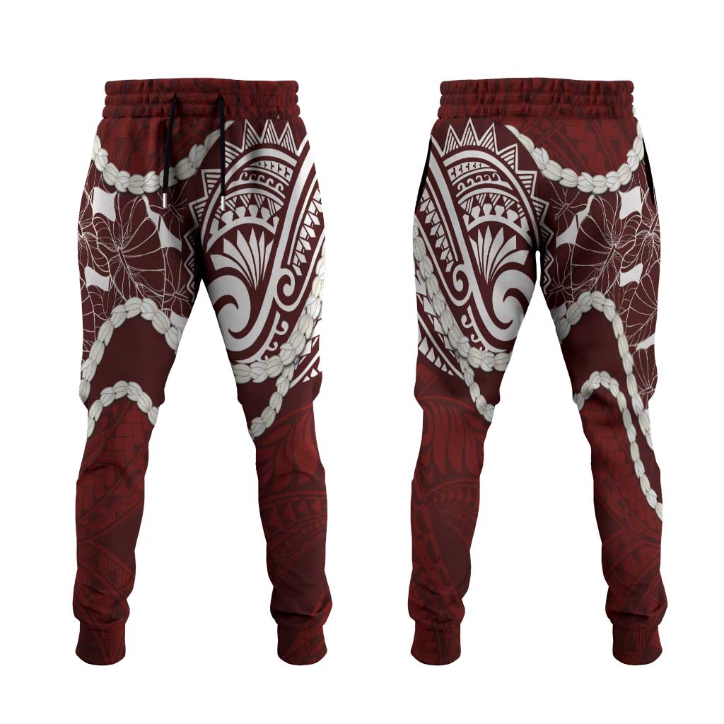 Aloha Hawaii Kalo Pikake Lei Jogger Pants Chest Tattoo Oxblood Hawaiian Pattern LT14 Oxblood - Polynesian Pride