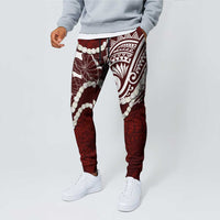Aloha Hawaii Kalo Pikake Lei Jogger Pants Chest Tattoo Oxblood Hawaiian Pattern
