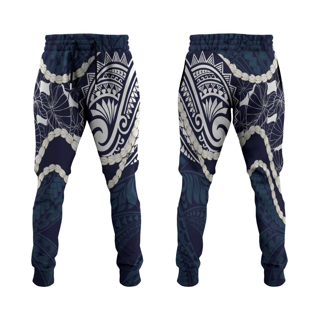 Aloha Hawaii Kalo Pikake Lei Jogger Pants Chest Tattoo Oxford Blue Hawaiian Pattern