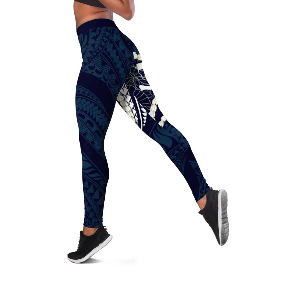 Aloha Hawaii Kalo Pikake Lei Leggings Chest Tattoo Oxford Blue Hawaiian Pattern