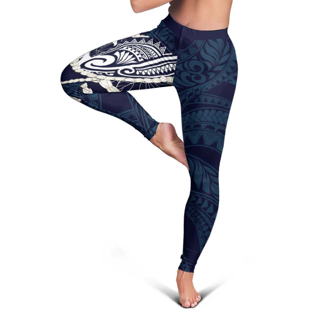 Aloha Hawaii Kalo Pikake Lei Leggings Chest Tattoo Oxford Blue Hawaiian Pattern
