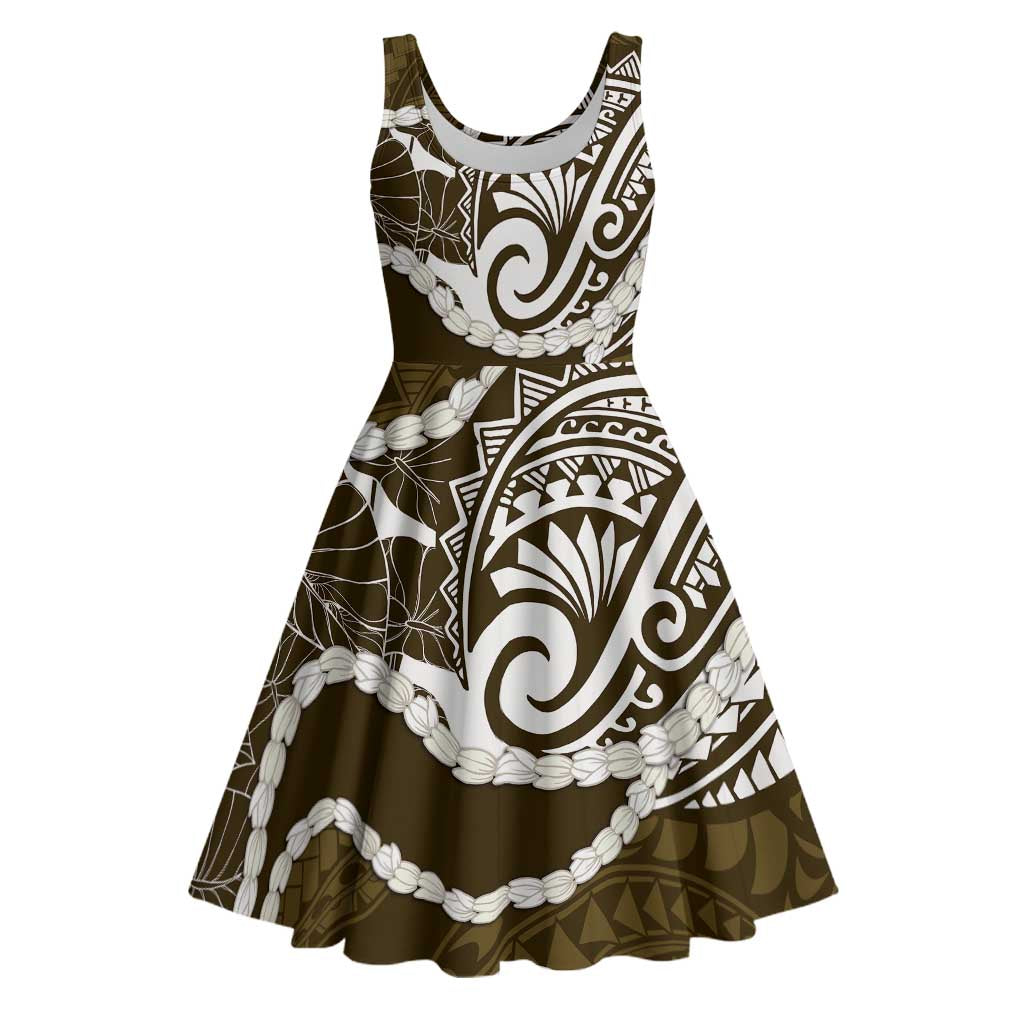 Aloha Hawaii Kalo Pikake Lei Midi Dress Chest Tattoo Gold Hawaiian Pattern