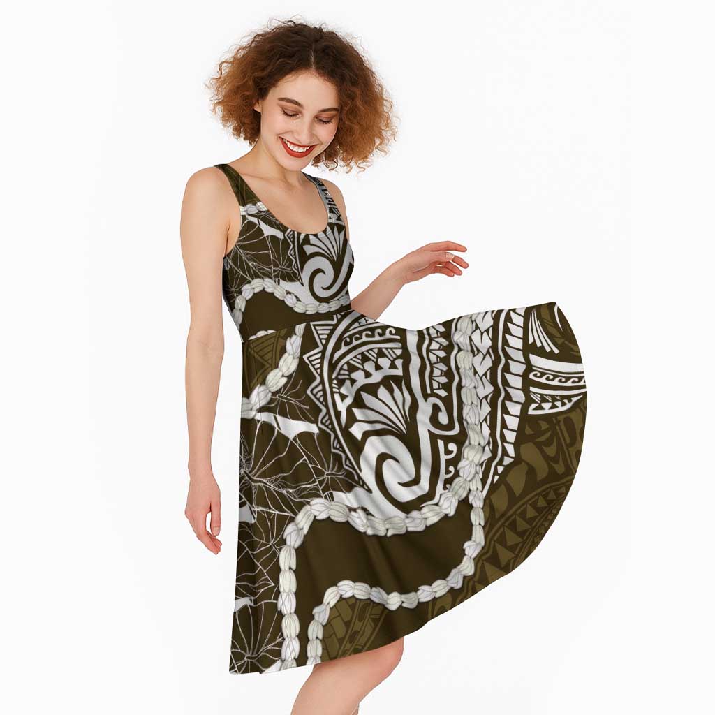 Aloha Hawaii Kalo Pikake Lei Midi Dress Chest Tattoo Gold Hawaiian Pattern