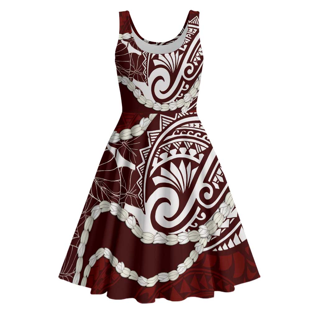 Aloha Hawaii Kalo Pikake Lei Midi Dress Chest Tattoo Oxblood Hawaiian Pattern