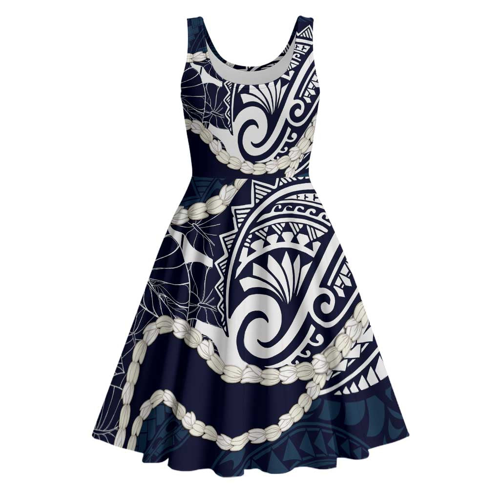 Aloha Hawaii Kalo Pikake Lei Midi Dress Chest Tattoo Oxford Blue Hawaiian Pattern LT14 Oxford Blue - Polynesian Pride