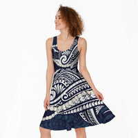 Aloha Hawaii Kalo Pikake Lei Midi Dress Chest Tattoo Oxford Blue Hawaiian Pattern LT14 - Polynesian Pride