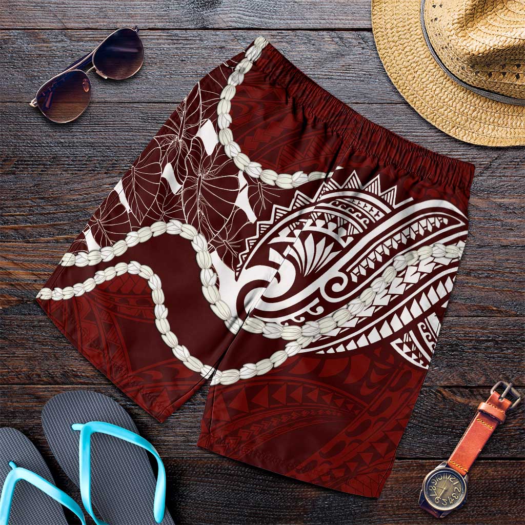Aloha Hawaii Kalo Pikake Lei Shorts for Men Chest Tattoo Oxblood Hawaiian Pattern