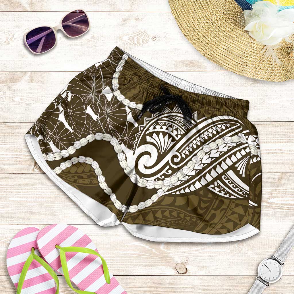Aloha Hawaii Kalo Pikake Lei Shorts for Women Chest Tattoo Gold Hawaiian Pattern