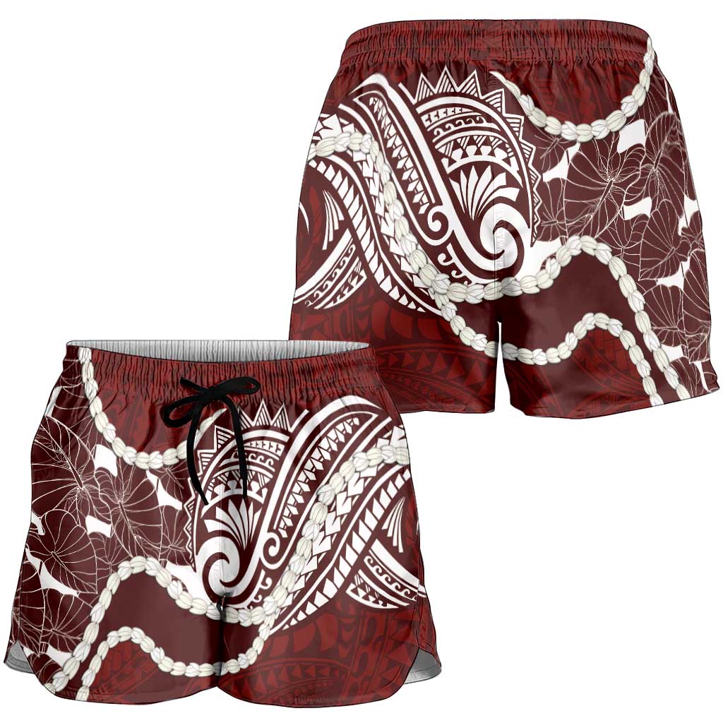 Aloha Hawaii Kalo Pikake Lei Shorts for Women Chest Tattoo Oxblood Hawaiian Pattern LT14 - Polynesian Pride