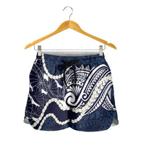 Aloha Hawaii Kalo Pikake Lei Shorts for Women Chest Tattoo Oxford Blue Hawaiian Pattern LT14 - Polynesian Pride