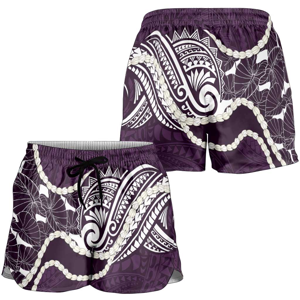 Aloha Hawaii Kalo Pikake Lei Shorts for Women Chest Tattoo Purple Hawaiian Pattern LT14 - Polynesian Pride