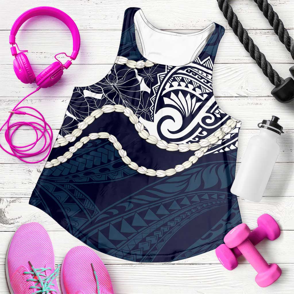 Aloha Hawaii Kalo Pikake Lei Women Racerback Tank Chest Tattoo Oxford Blue Hawaiian Pattern