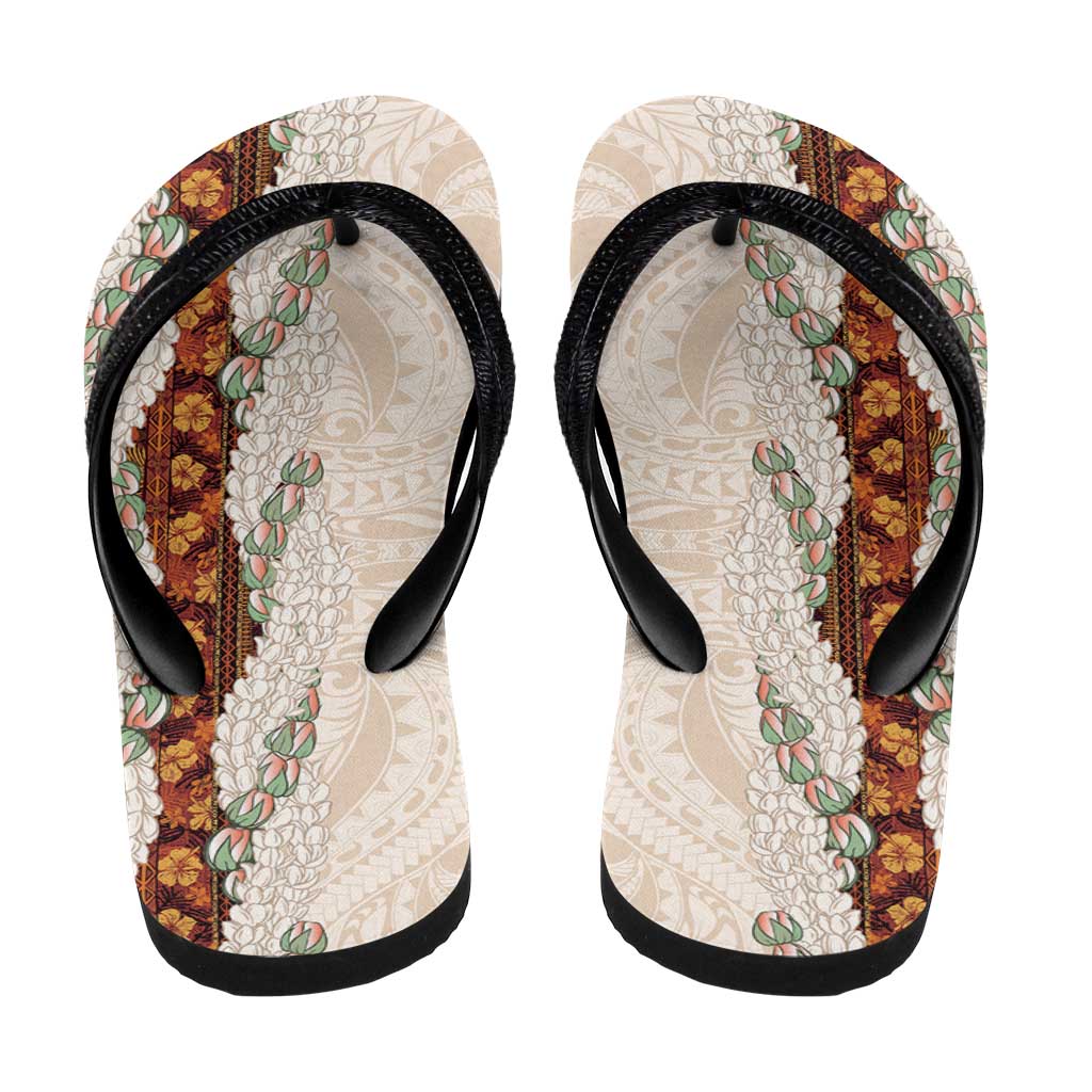 Aloha Hawaii Mikioi Lei Flip Flops Beige Tropical Flower Pattern LT14 - Polynesian Pride