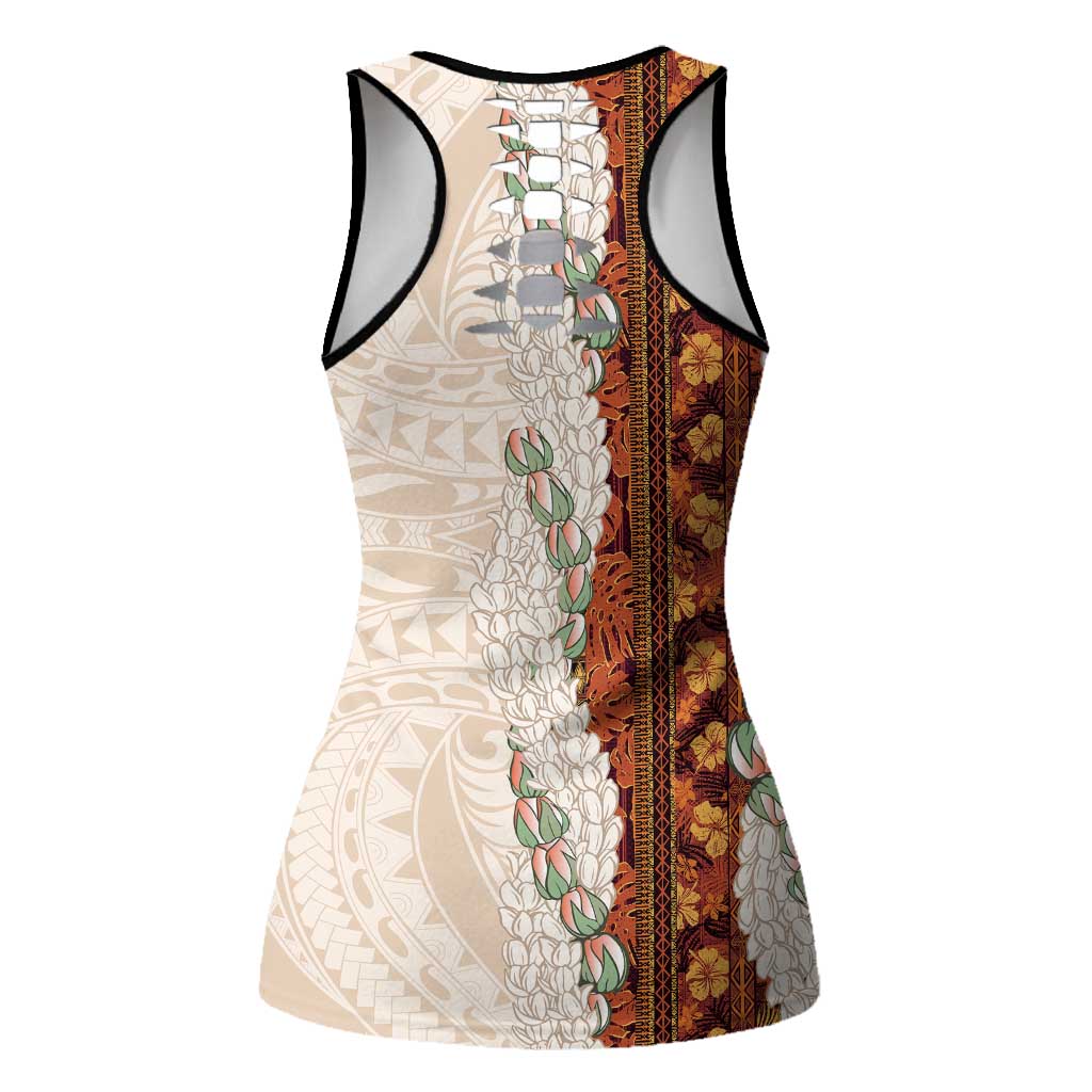Aloha Hawaii Mikioi Lei Hollow Tank Top Beige Tropical Flower Pattern - Polynesian Pride