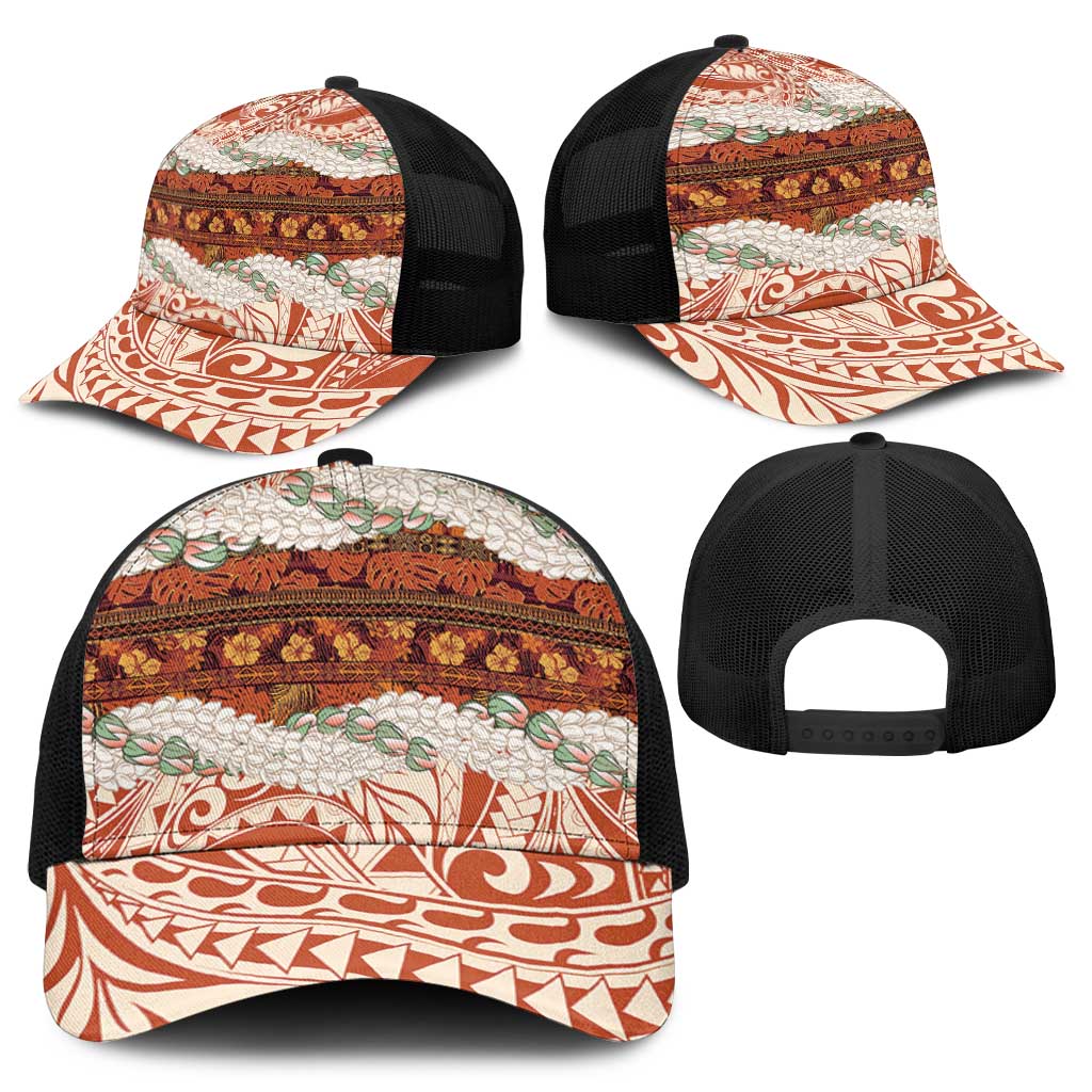 Aloha Hawaii Mikioi Lei Mesh Trucker Cap Cattail Red Tropical Flower Pattern - Polynesian Pride
