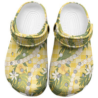 Aloha Puakenikeni Anthurium Pikake Lei Clogs Shoes Gold Hawaiian Palaka Pattern