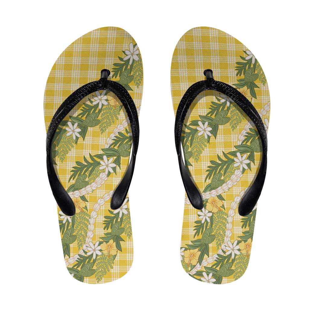 Aloha Puakenikeni Anthurium Pikake Lei Flip Flops Gold Hawaiian Palaka Pattern