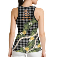 Aloha Puakenikeni Anthurium Pikake Lei Hollow Tank Top Black Hawaiian Palaka Pattern
