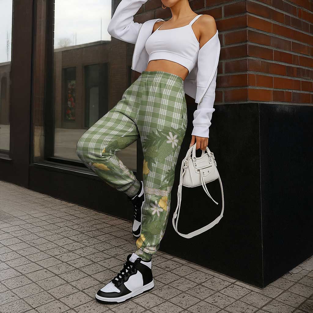 Aloha Puakenikeni Anthurium Pikake Lei Jogger Pants Green Hawaiian Palaka Pattern